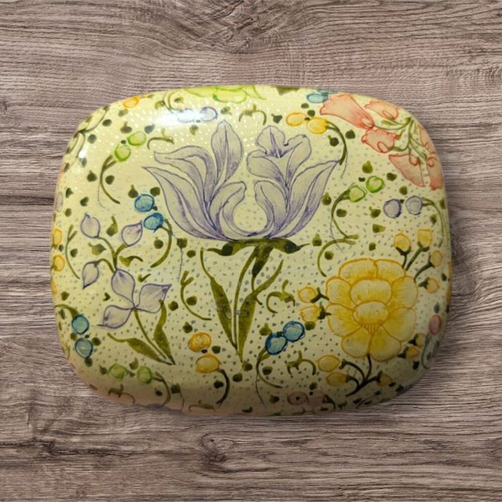 Vintage Lacquered Paper Mache Trinket Box Handmade Kashmir India Yellow Floral